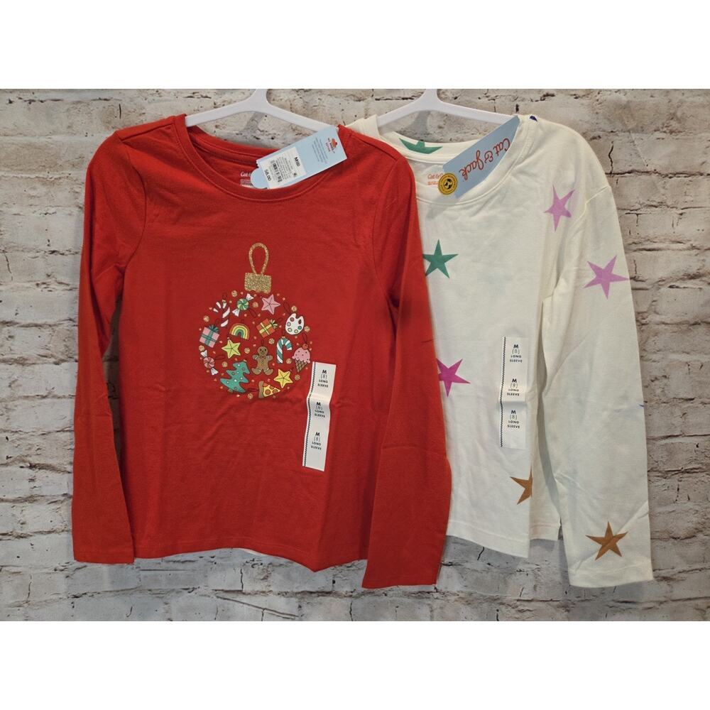Cat & Jack Girls Long Sleeve Tops Set Of 2 One Christmas Stars Size Medium